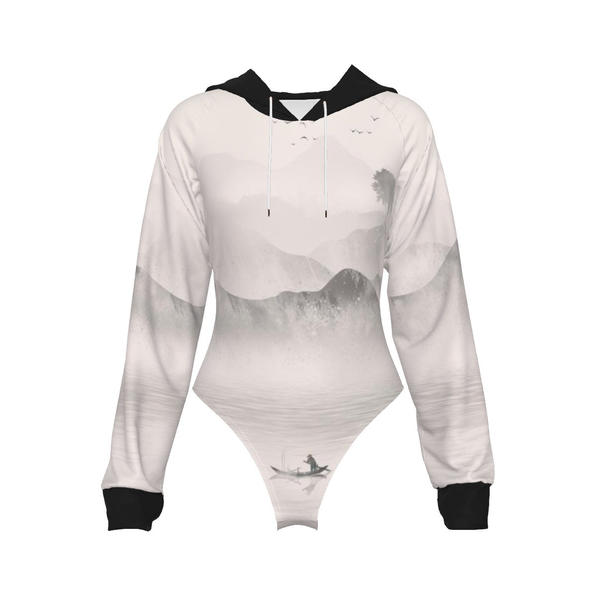 Front view of hooded bodysuit with misty mountain landscape print