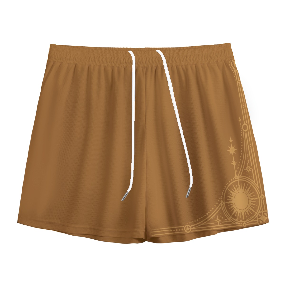 Front view of brown Solar Halo men’s mesh shorts with golden celestial artwork and white drawstring