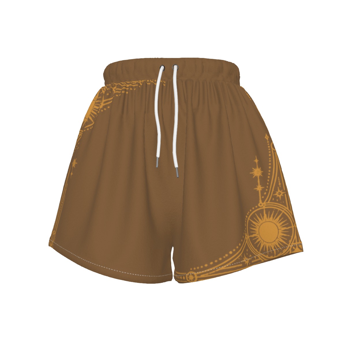 Solar Halo brown active shorts with golden celestial sun artwork and white drawstring, front view