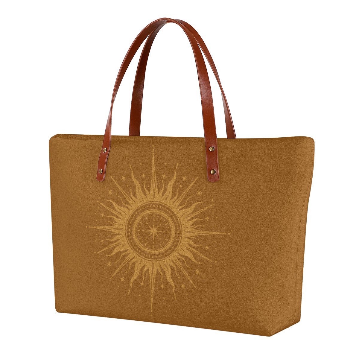 Solar Radiance Carryall Tote Bag in tan cloth with golden sun emblem and brown handles, front view