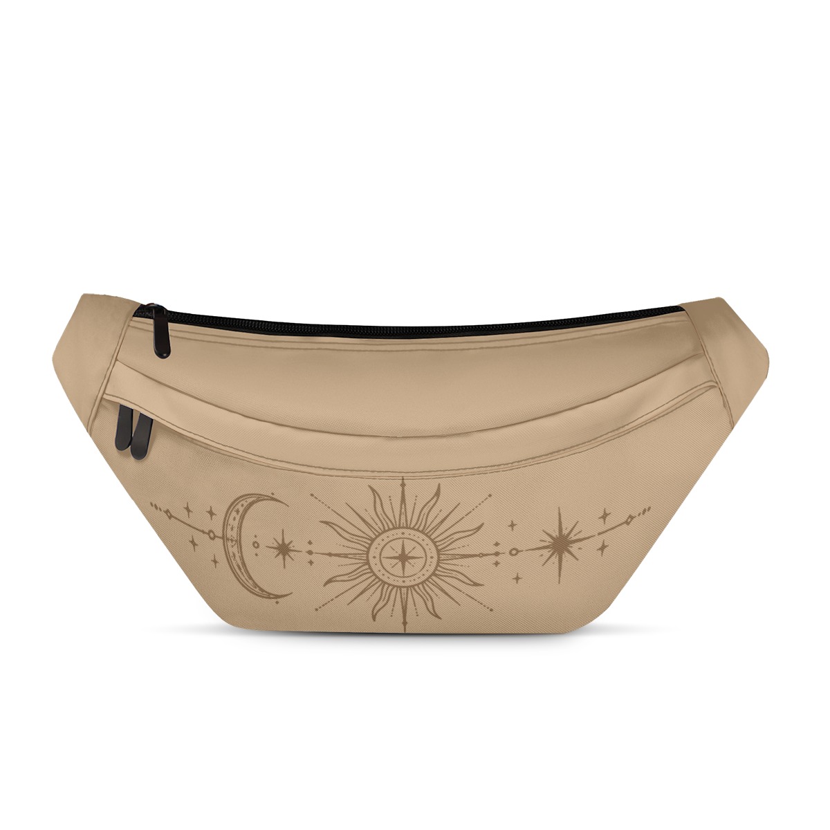 Solar Compass beige canvas belt bag with celestial sun and moon artwork on the front