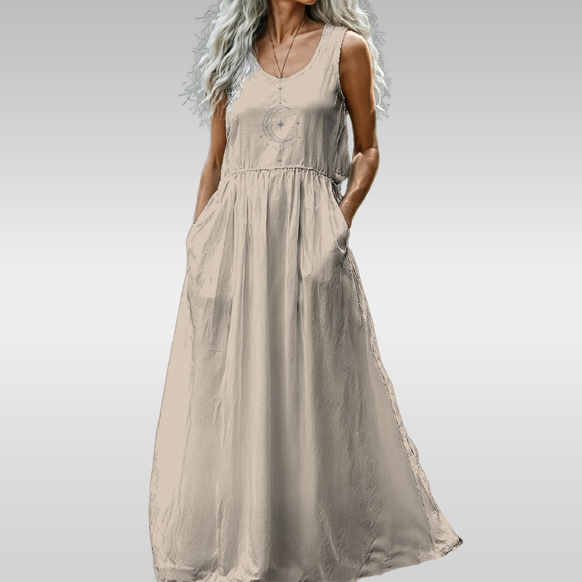 Front view of a sleeveless beige maxi dress with a crescent moon graphic and side pockets.