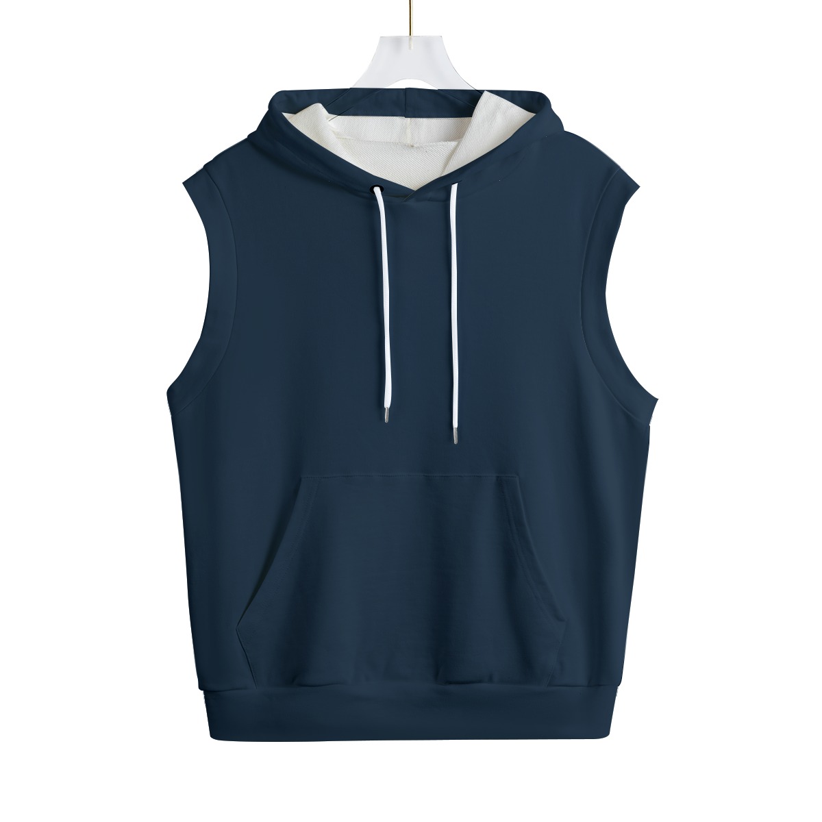 Front view of navy sleeveless hooded vest with white drawstrings and kangaroo pocket