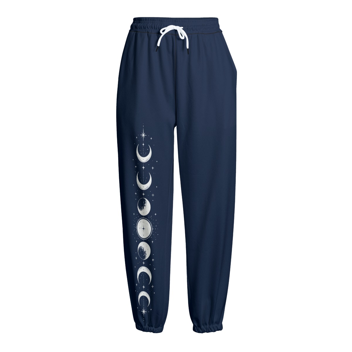 Front view of navy joggers with moon phase print on the left leg