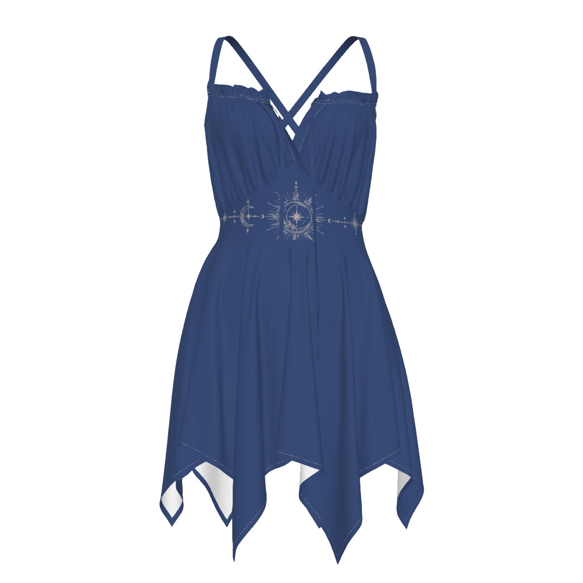 Front view of blue handkerchief dress with crossover straps and celestial waist print