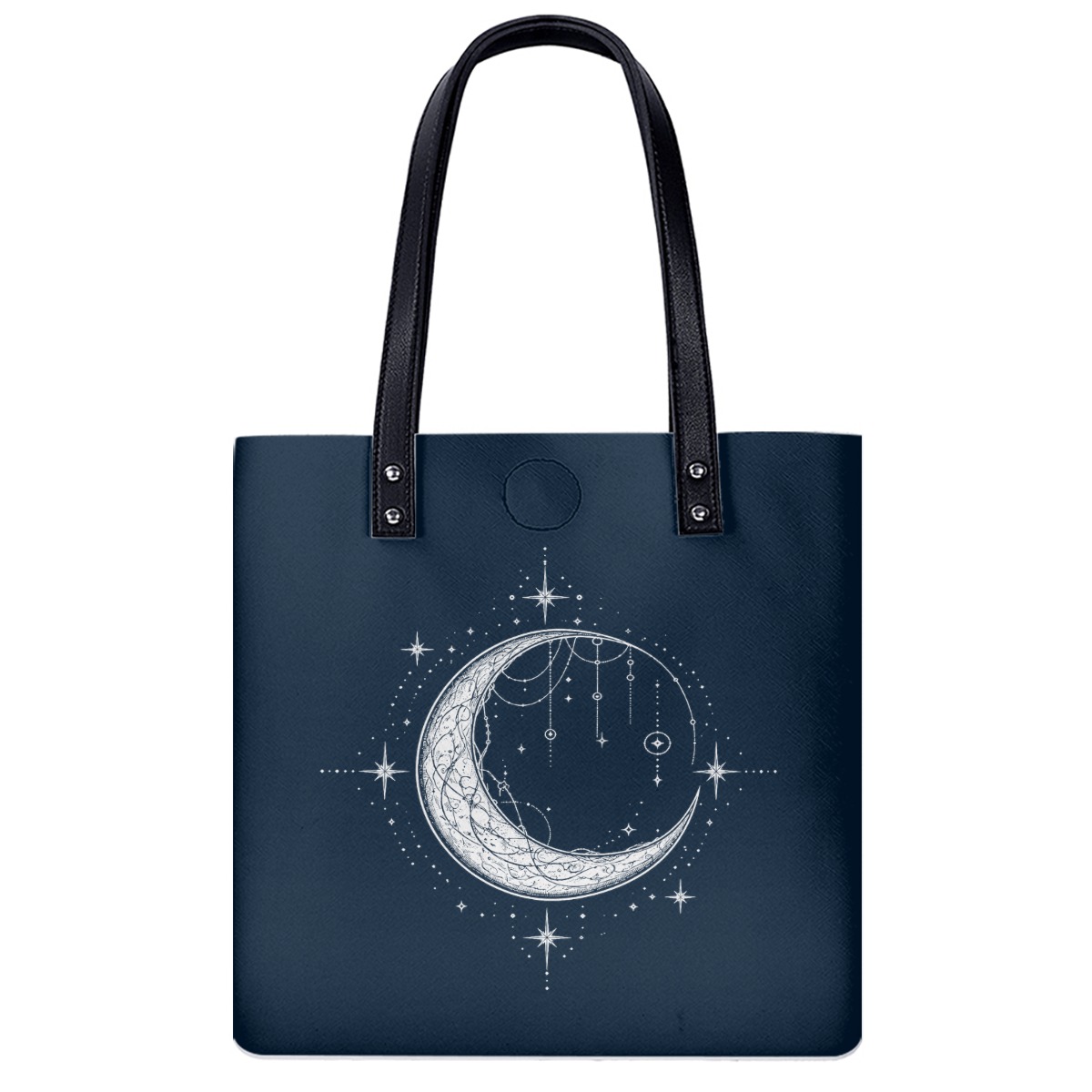 Front view of navy shoulder bag with crescent moon and star print