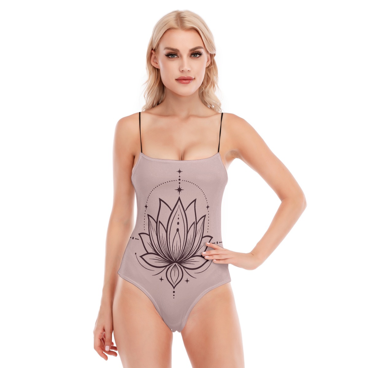 Front view of taupe cami bodysuit with black lotus graphic