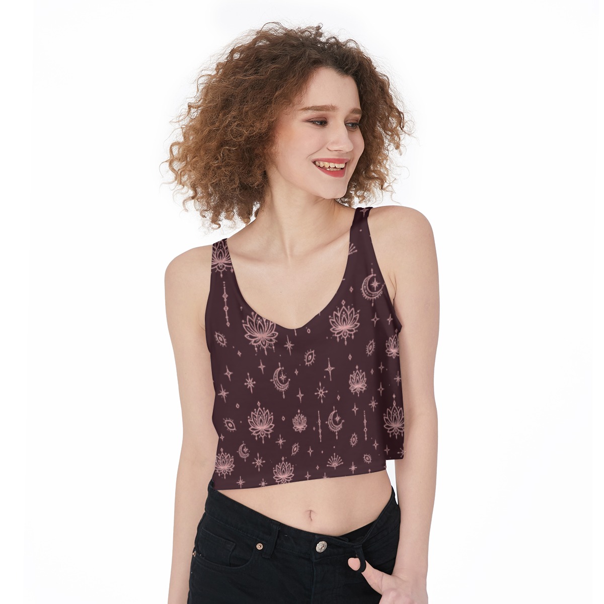 Front view of Lotus Aura Crop Tank with lotus, moon, and star print