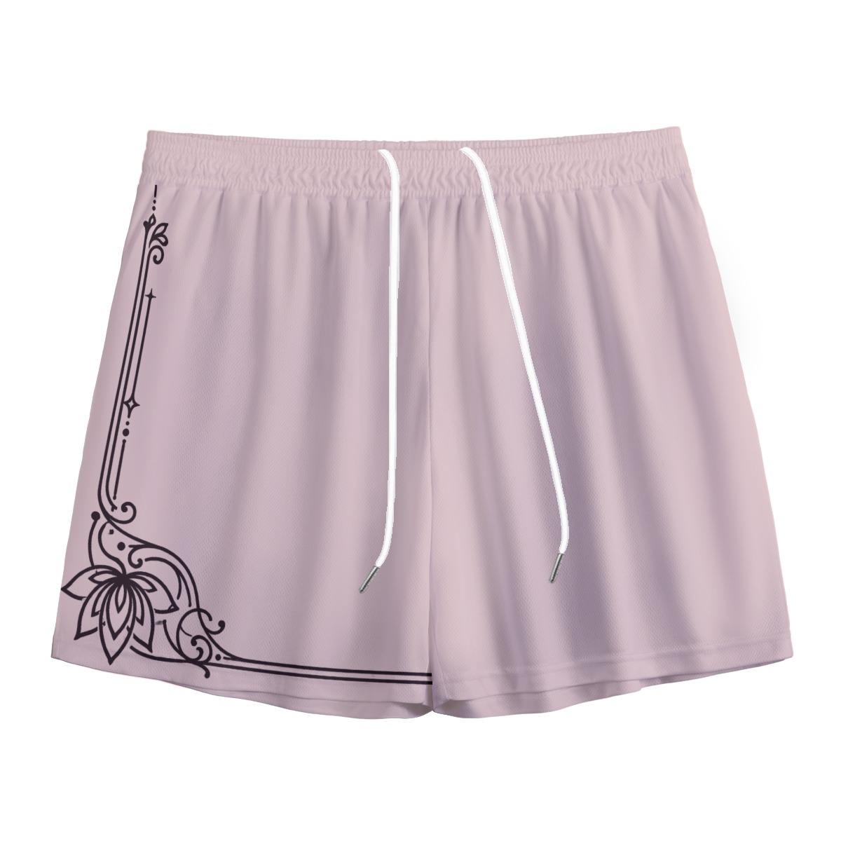 Front view of blush pink mesh shorts with white drawcords and black lotus border print
