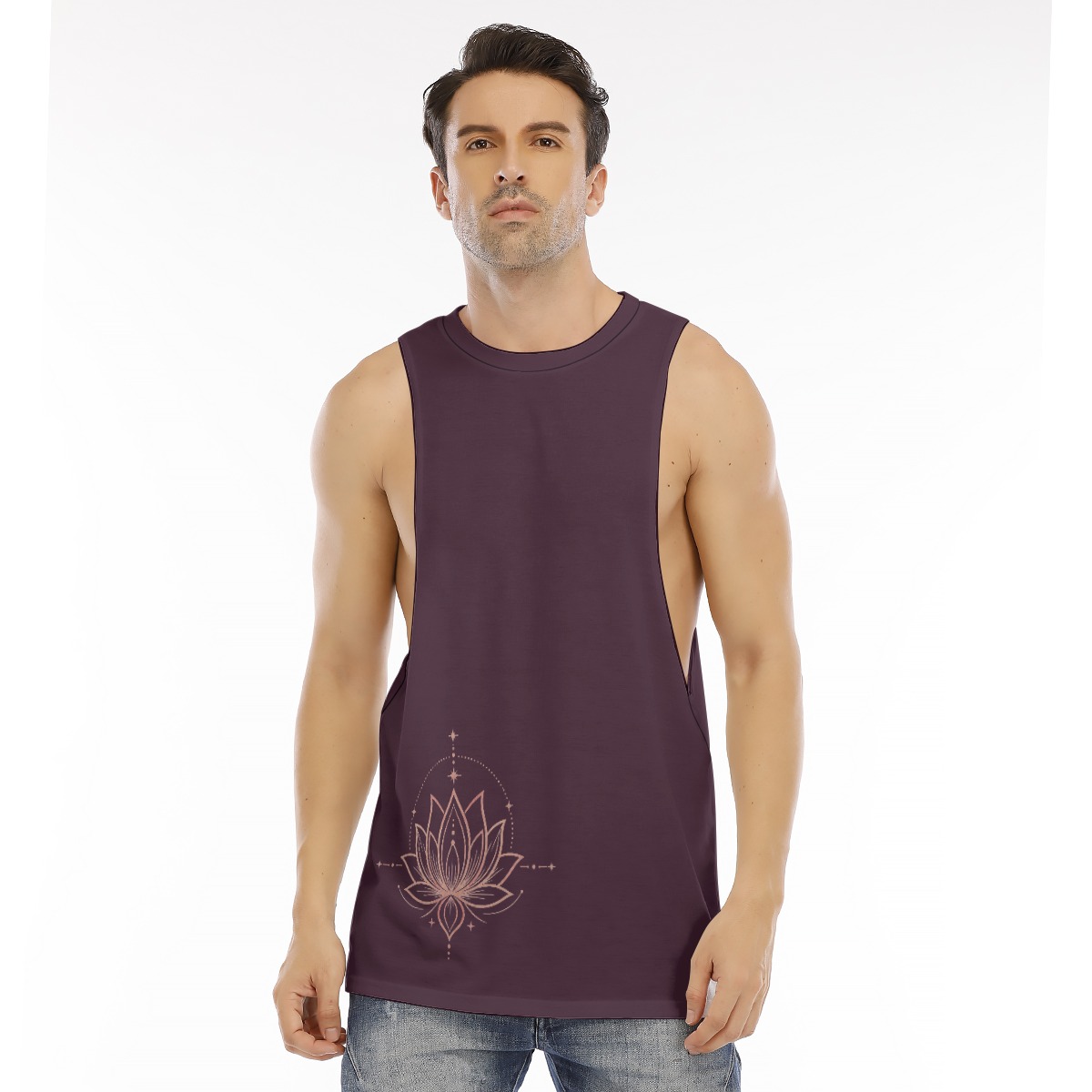 Front view of plum longline tank with lotus graphic at lower left hem