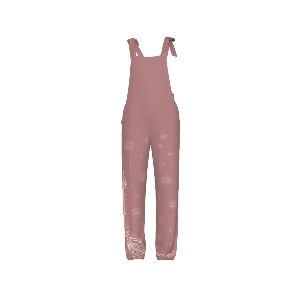 Front view of dusty rose tie-strap jumpsuit with lotus print