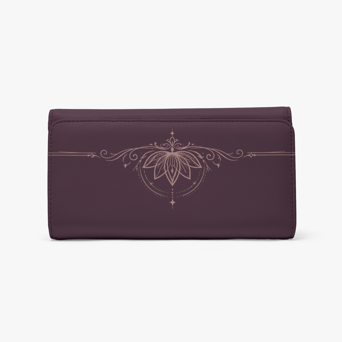 Front view of plum foldable wallet with lotus compass graphic