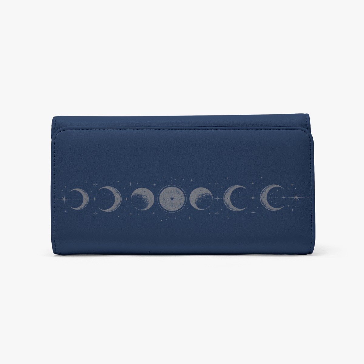 Front view of blue foldable wallet with moon phase print