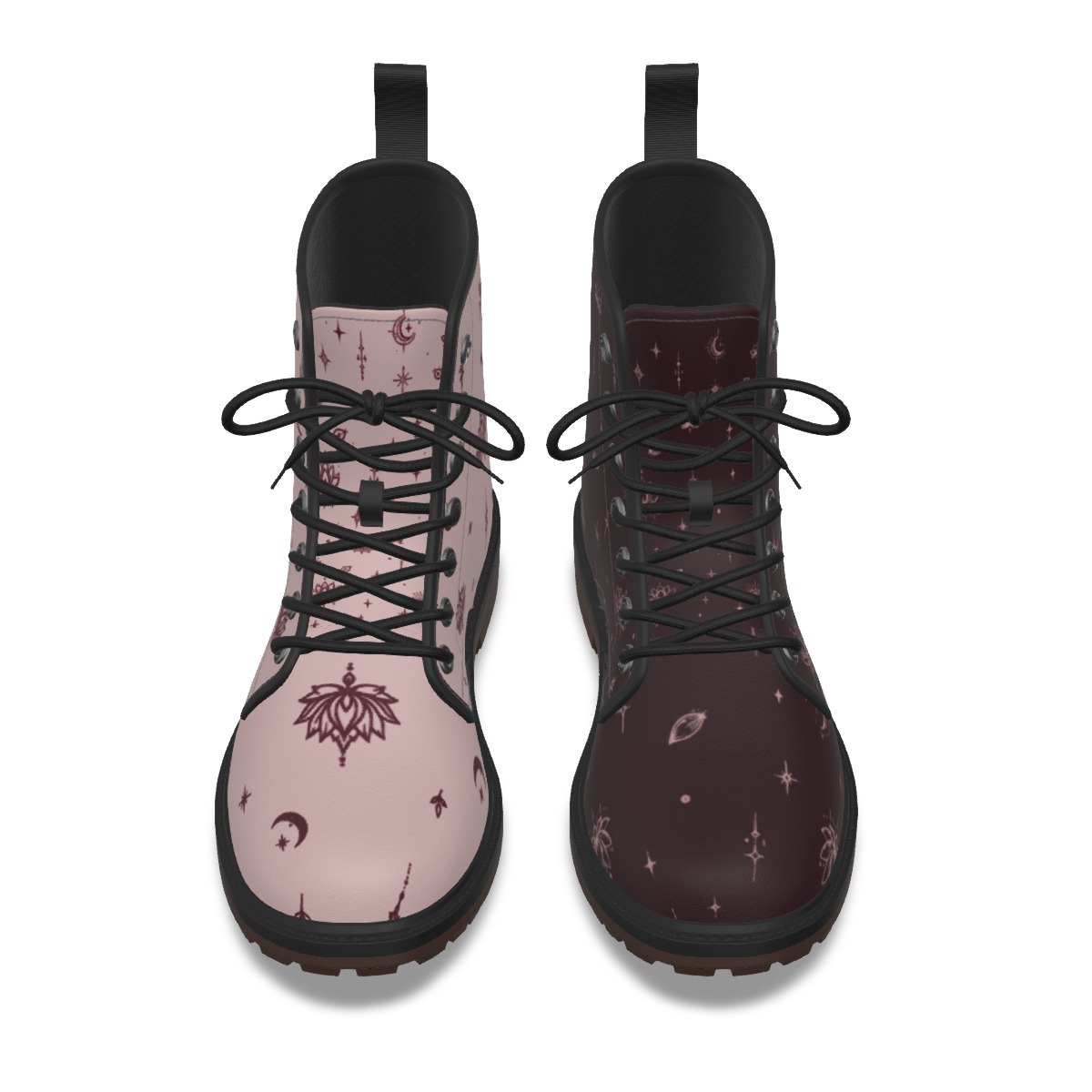 Pair of lace-up ankle boots, top front view, with pink and dark burgundy uppers