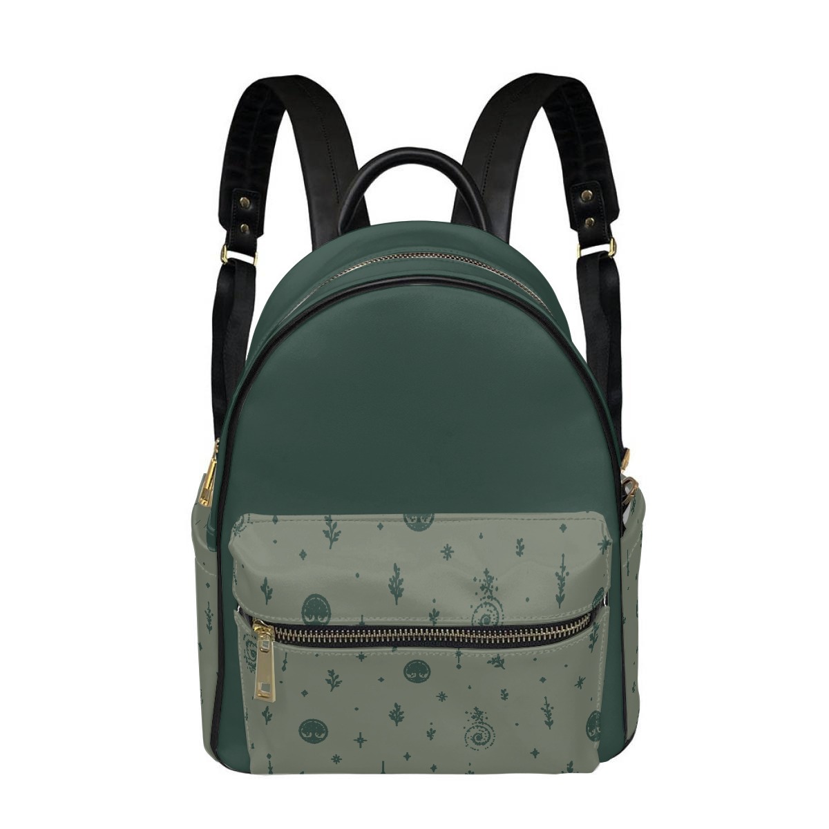 Front view of green backpack with printed front zip pocket