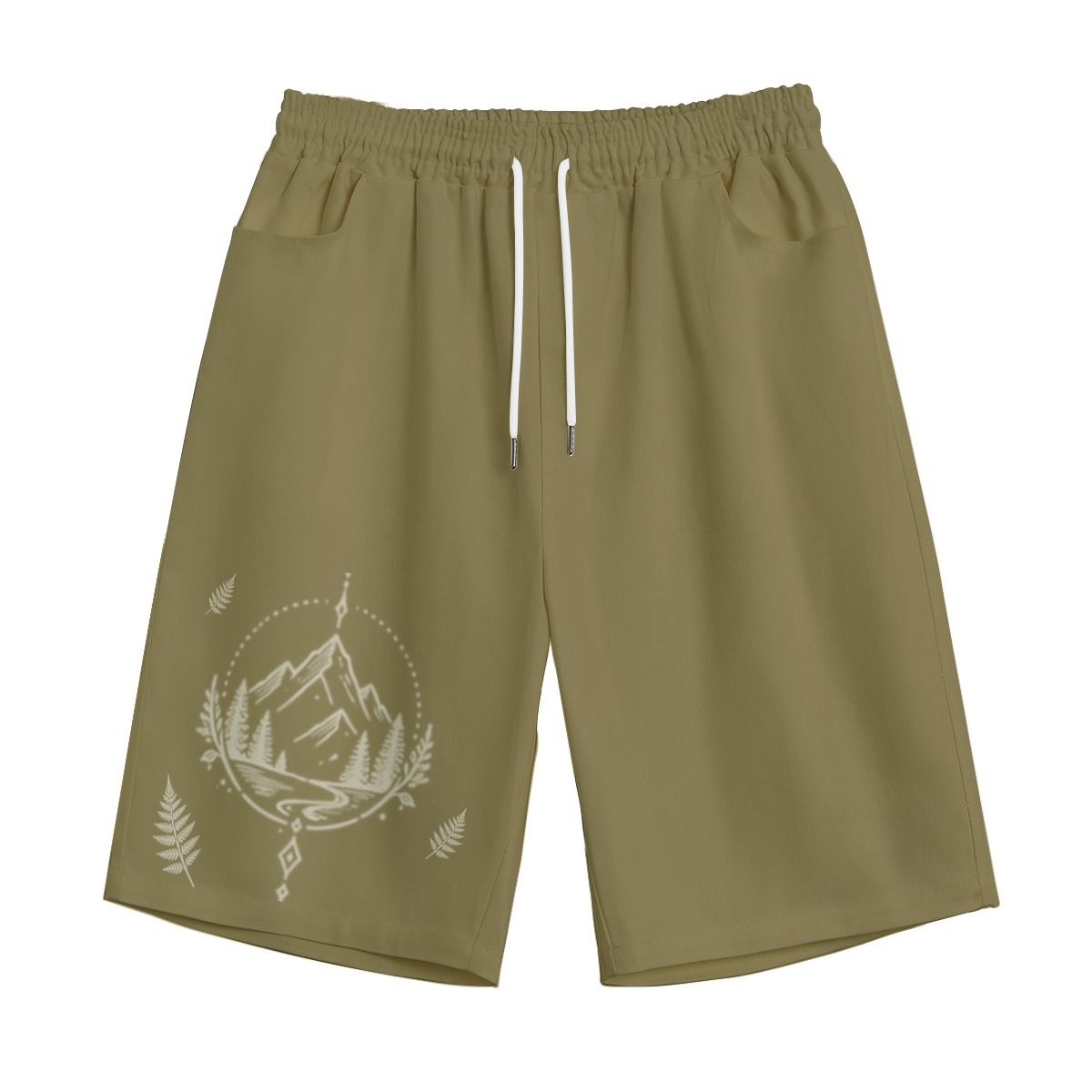 Front view of olive shorts with white mountain graphic on left leg