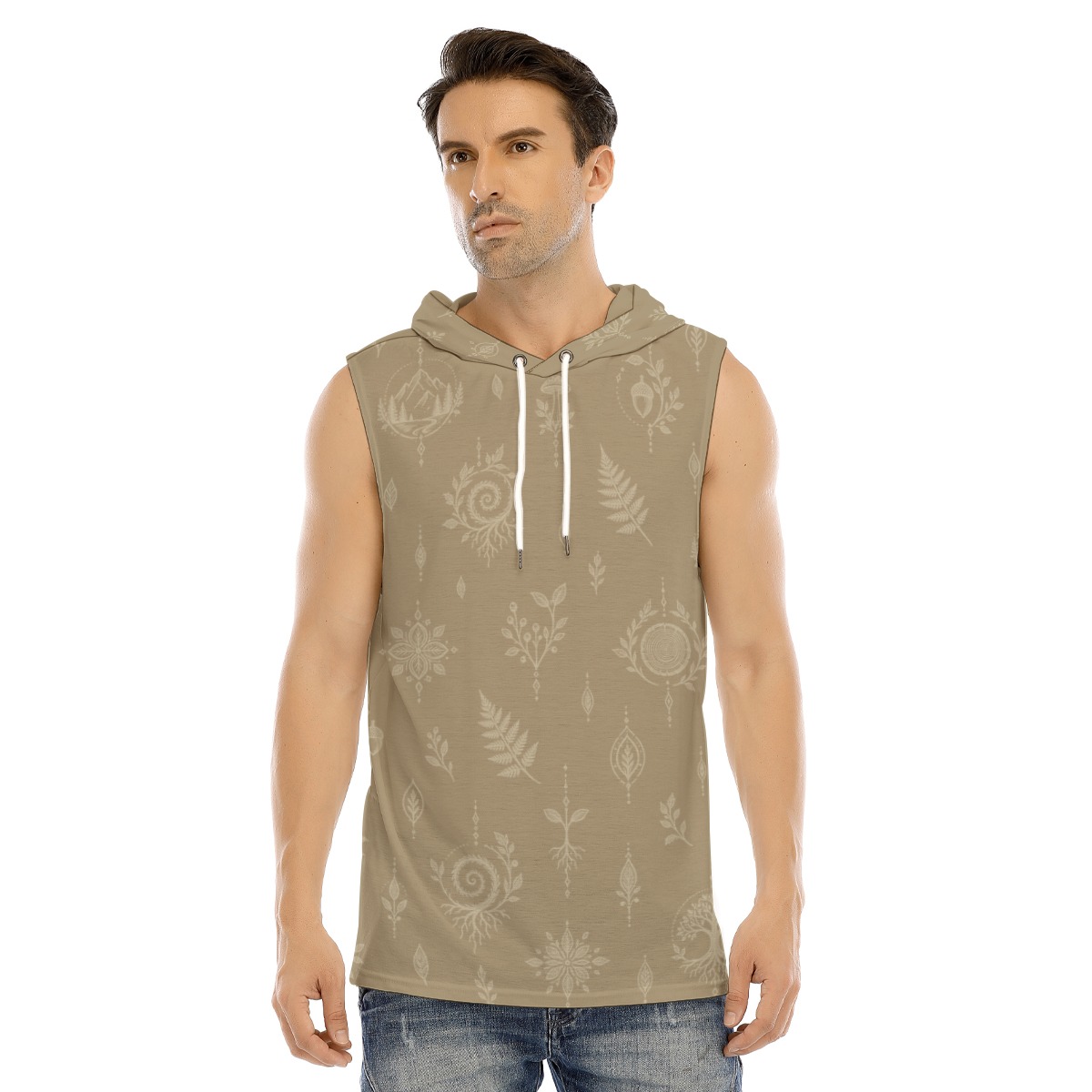 Front view of hooded sleeveless tank in taupe with tonal botanical print and white drawstrings
