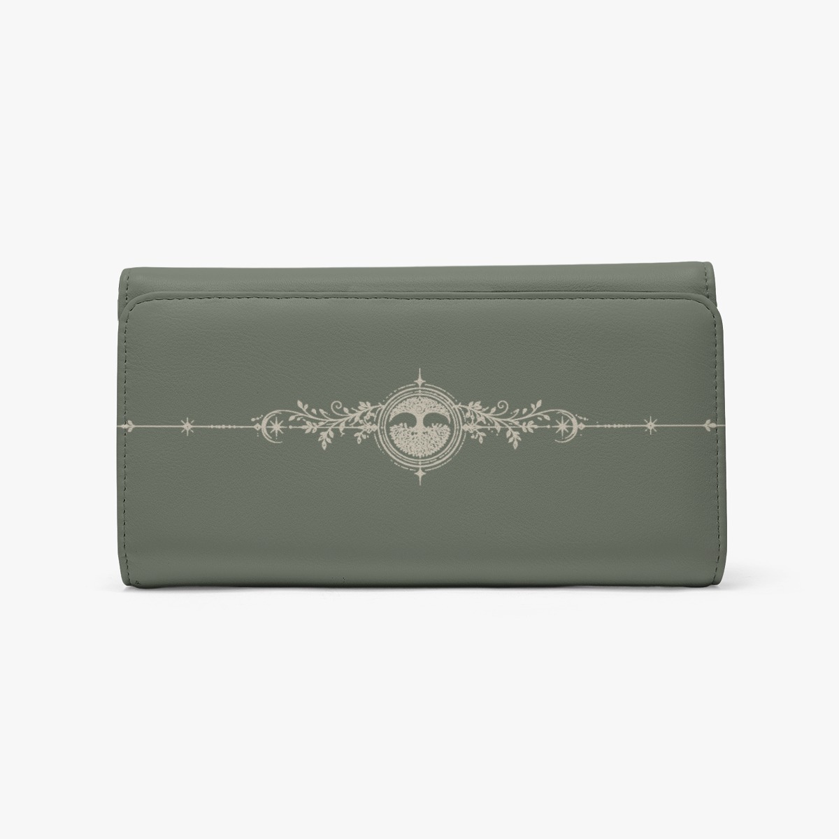 Front view of a sage green foldable wallet with white ornamental compass-style graphic