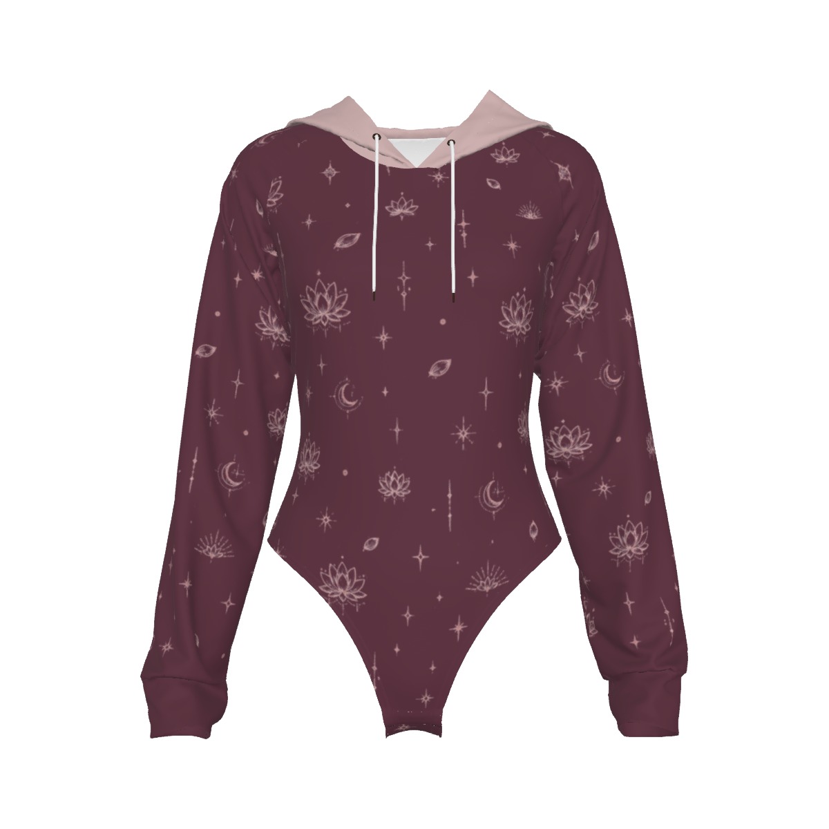 Front view of hooded bodysuit in plum with lotus, stars, moons, and leaf print