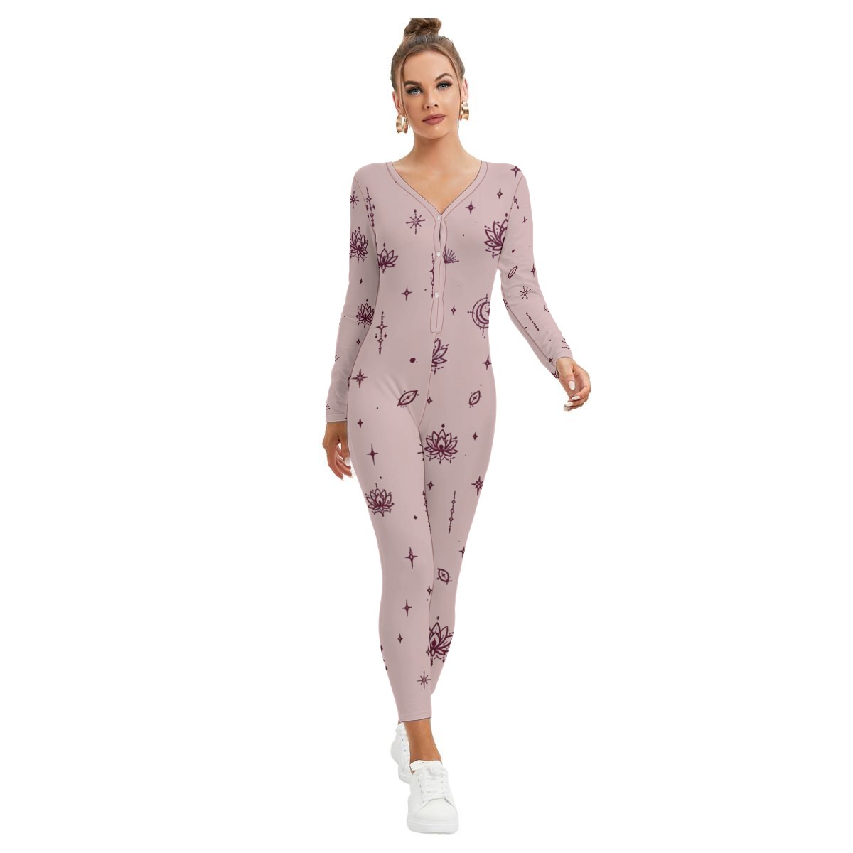 Front view of blush pink plunge jumpsuit with lotus and celestial print