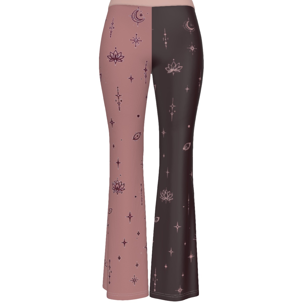 Front view of two-tone flare pants with pink left leg and dark right leg