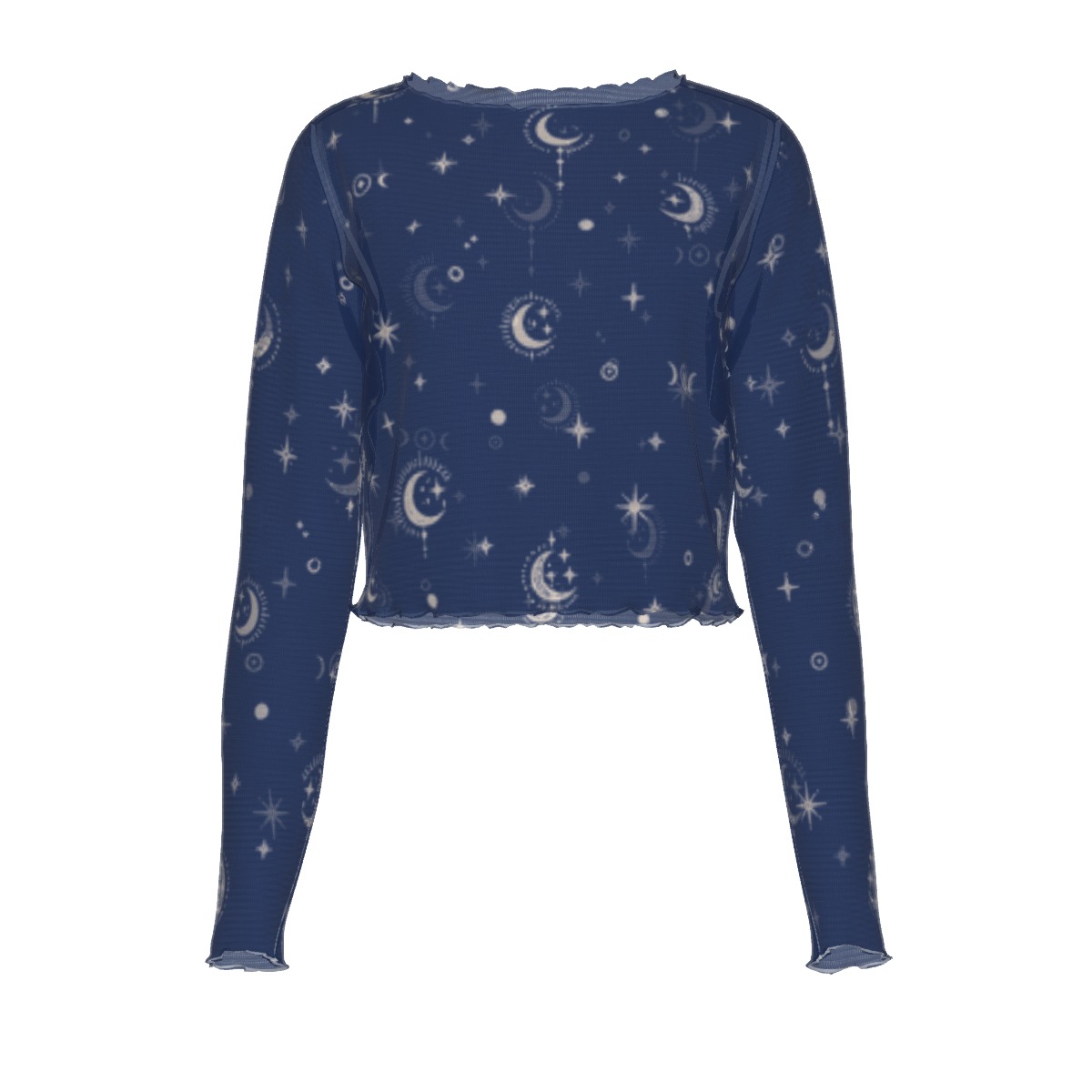 Back view of navy long sleeve mesh top with moon and star print