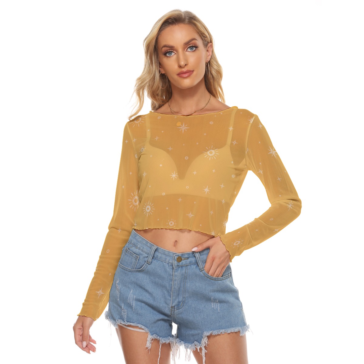 Solar Veil golden mesh long sleeve crop top with celestial sun and star print, front view