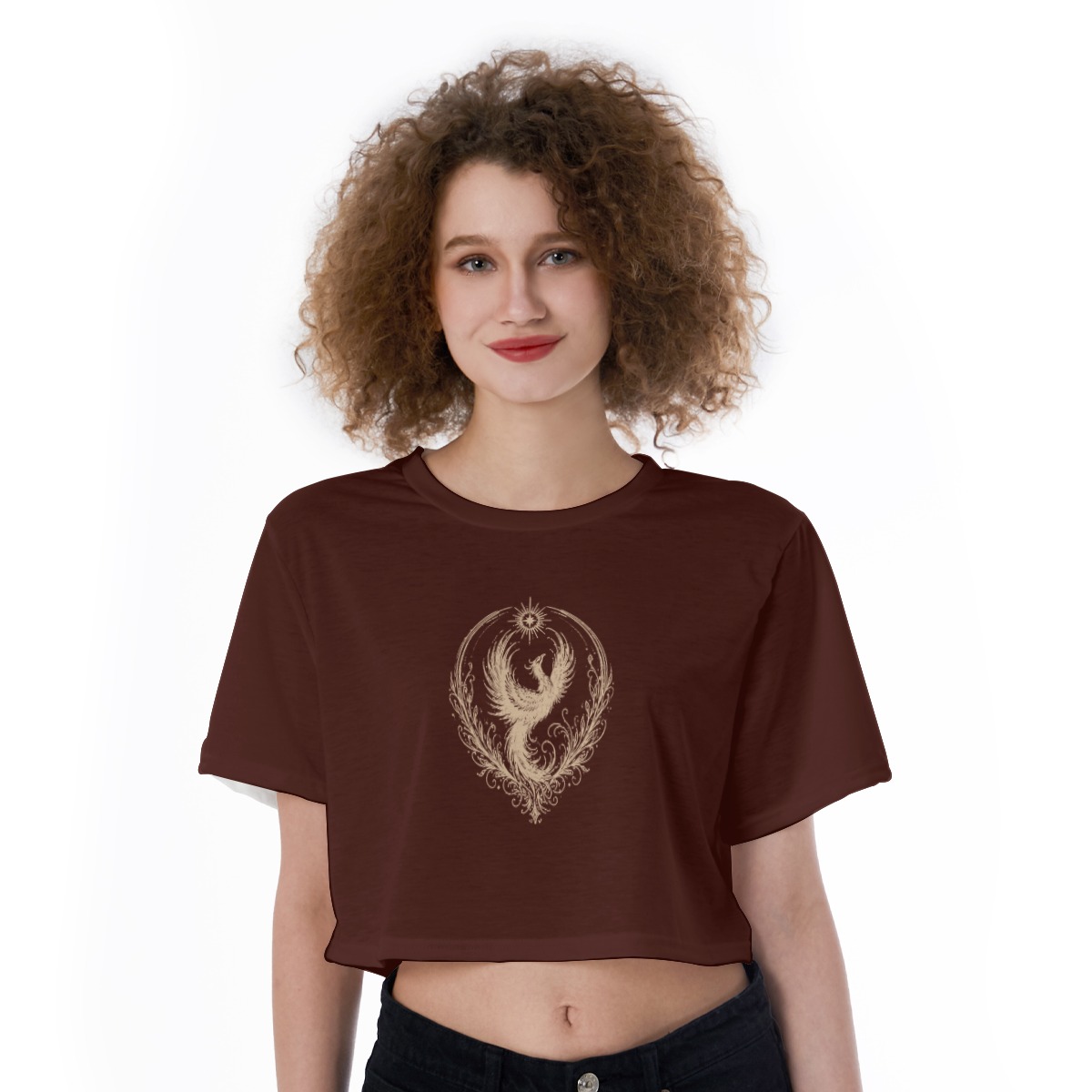 Front view of brown cropped tee with phoenix graphic