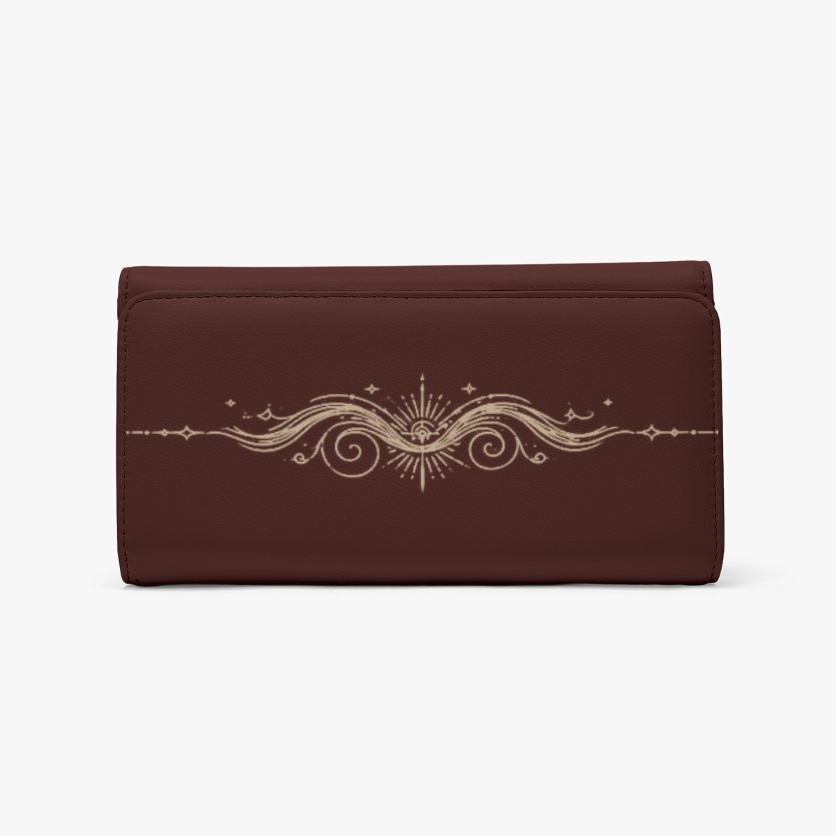 Front view of the Phoenix Compass foldable wallet in brown with a light ornamental print