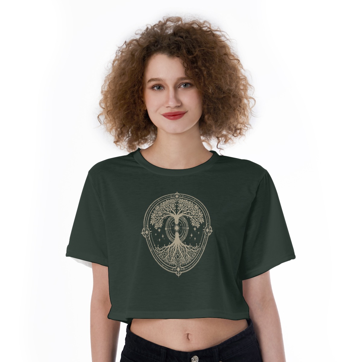 Front view of dark green cropped tee with centered tree graphic