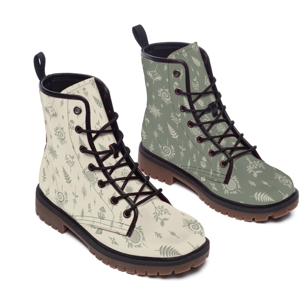 Pair of lace-up ankle boots with sage and cream botanical print, angled front view