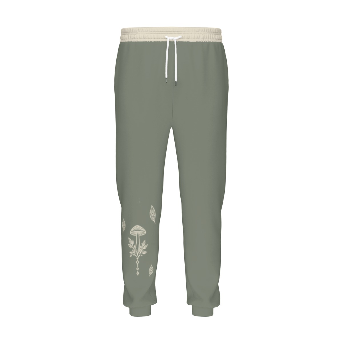 Front view of sage green joggers with cream waistband and mushroom graphic on left leg