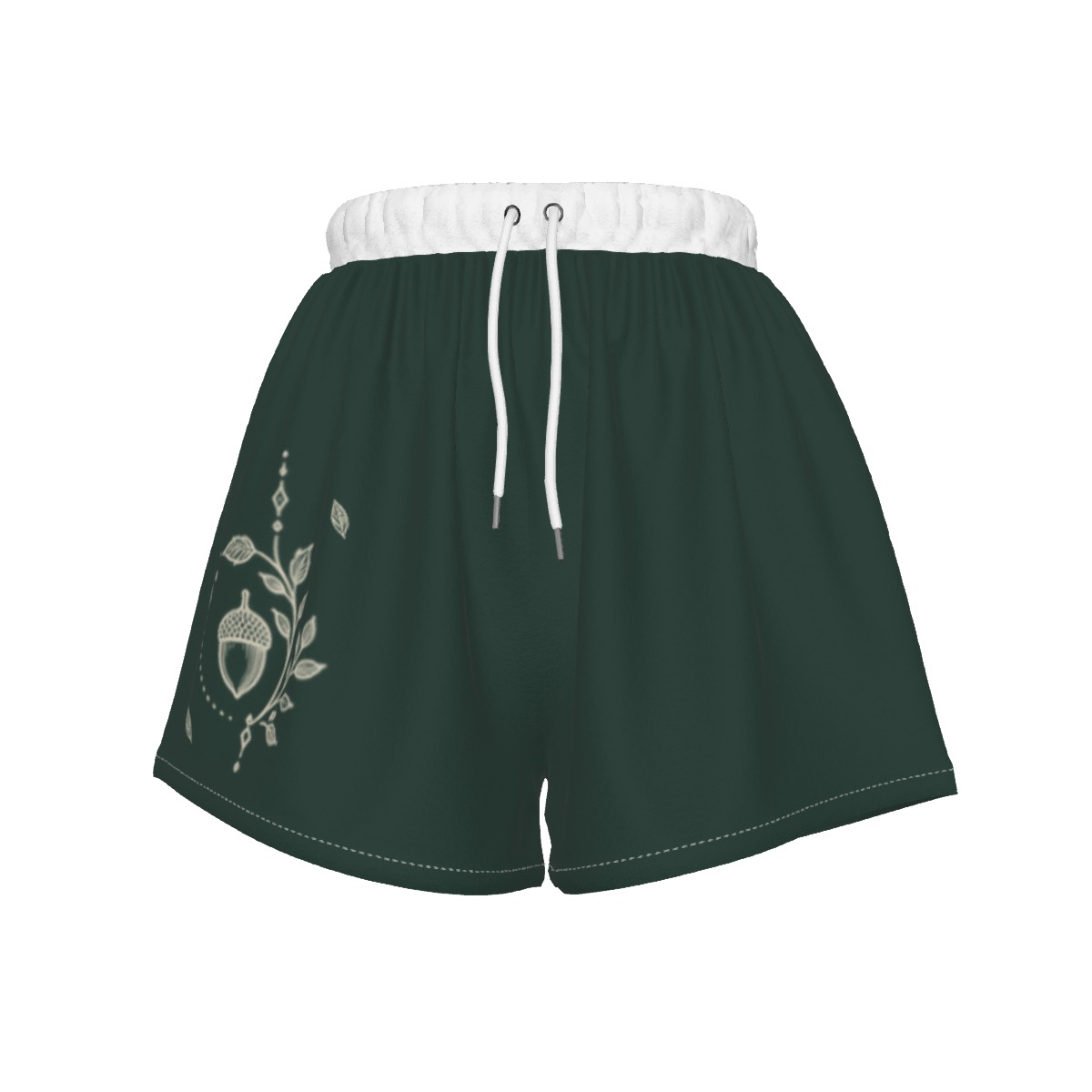 Front view of dark green sports shorts with white waistband and acorn graphic